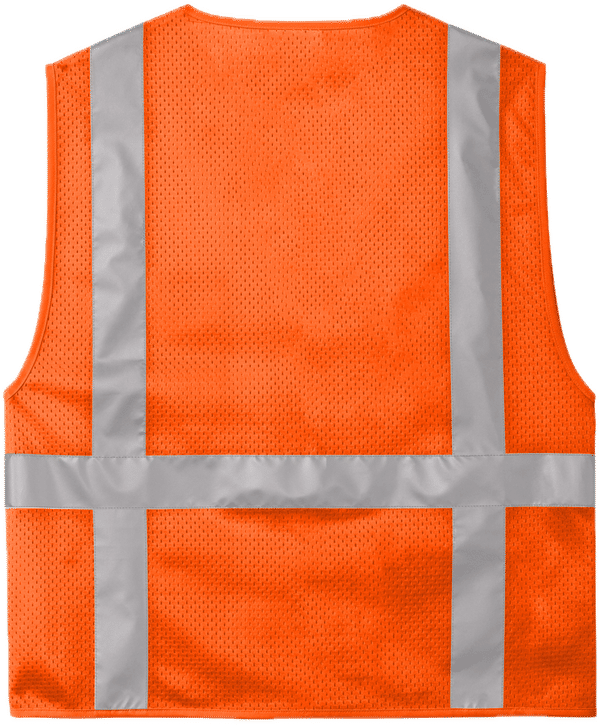 Am image of a Custom CornerStone ANSI 107 Class 2 Mesh Six Pocket Zippered Vest in Safety Orange!