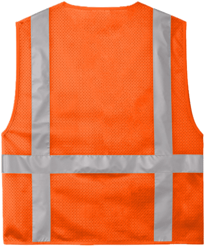 Am image of a Custom CornerStone ANSI 107 Class 2 Mesh Six Pocket Zippered Vest in Safety Orange!