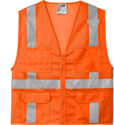 Am image of a Custom CornerStone ANSI 107 Class 2 Mesh Six Pocket Zippered Vest in Safety Orange!