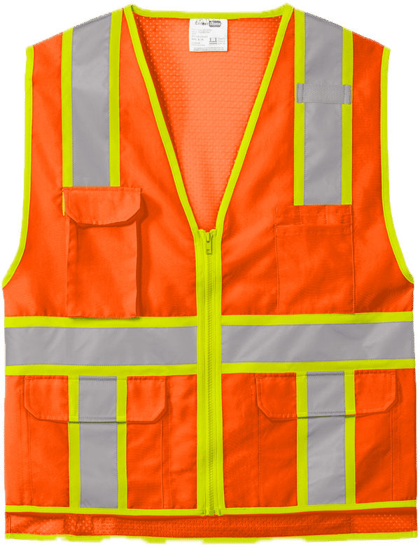 Am image of a Custom CornerStone ANSI 107 Class 2 Surveyor Zippered Two Tone Vest in Safety Orange!