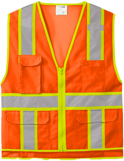 Am image of a Custom CornerStone ANSI 107 Class 2 Surveyor Zippered Two Tone Vest in Safety Orange!