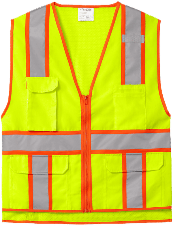 Am image of a Custom CornerStone ANSI 107 Class 2 Surveyor Zippered Two Tone Vest in Safety Yellow!