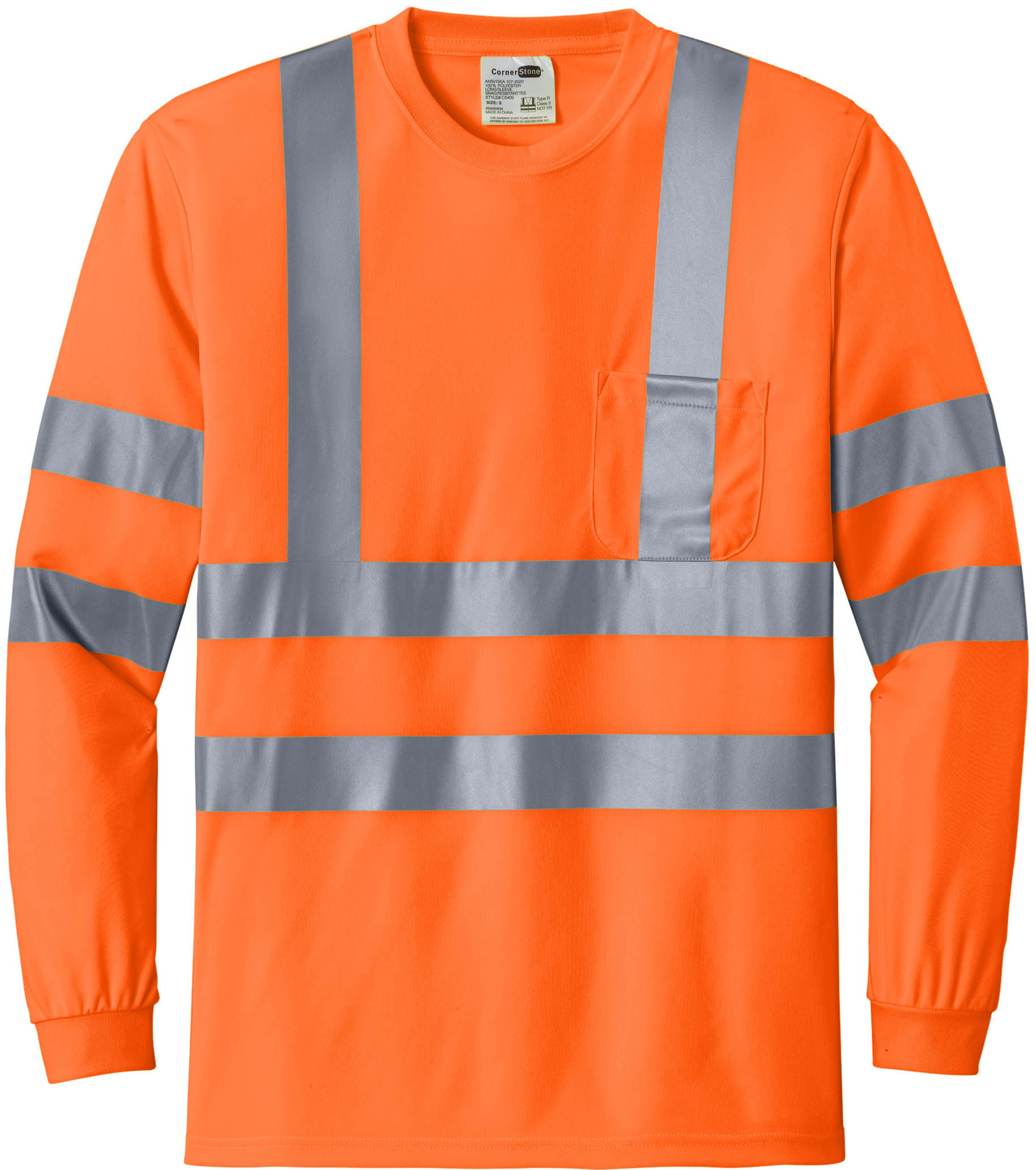CornerStone ANSI 107 Class 3 Long Sleeve Snag Resistant Reflective T Shirt in Safety Orange
