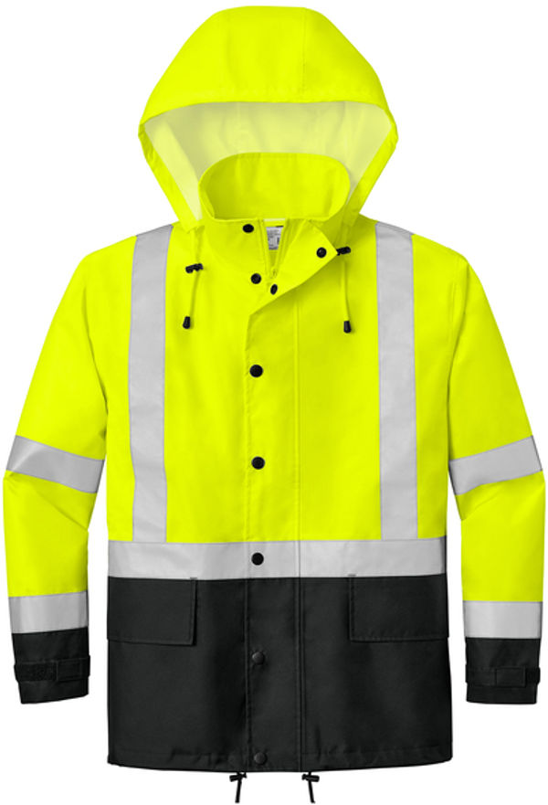 An image of a Custom Cornerstone ANSI 107 Class 3 Rain Jacket in Safety Yellow/Black!