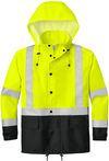 An image of a Custom Cornerstone ANSI 107 Class 3 Rain Jacket in Safety Yellow/Black!