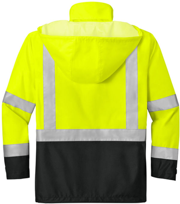 An image of a Custom Cornerstone ANSI 107 Class 3 Rain Jacket in Safety Yellow/Black!