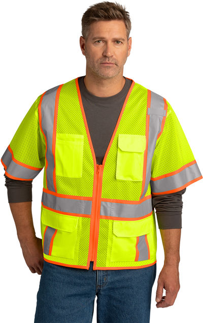 An image of a Custom CornerStone ANSI 107 Class 3 Surveyor Mesh Zippered Two Tone Short Sleeve Vest!