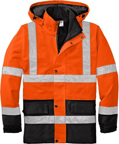 Am image of a Custom CornerStone ANSI 107 Class 3 Waterproof Parka in Safety Orange/Black!
