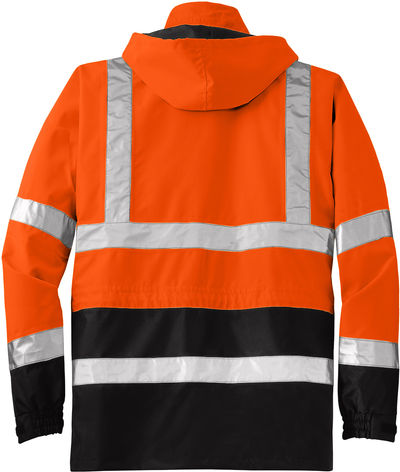 Am image of a Custom CornerStone ANSI 107 Class 3 Waterproof Parka in Safety Orange/Black!