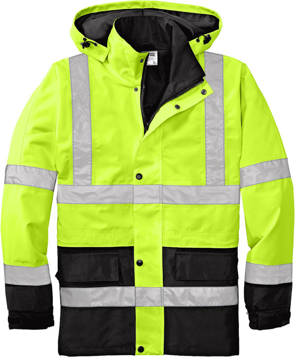 Am image of a Custom CornerStone ANSI 107 Class 3 Waterproof Parka in Safety Yellow/Black!