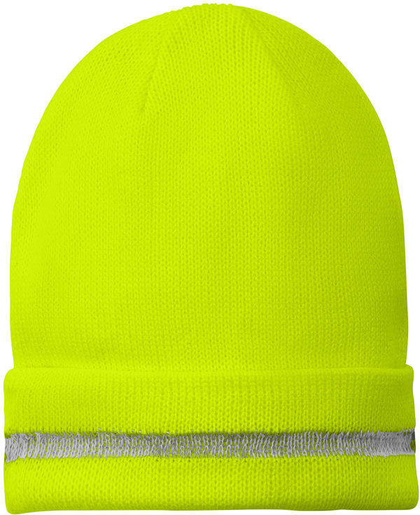 Am image of a Custom CornerStone Enhanced Visibility Beanie with Reflective Stripe in Safety Yellow/Reflective!
