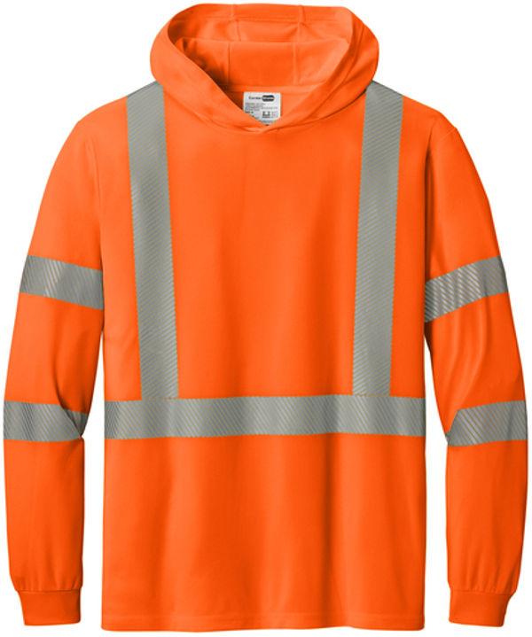 An image of a Custom Cornerstone SANSI 107 Class 3 Long Sleeve Segmented Tape Hooded Tee in Safety Orange!