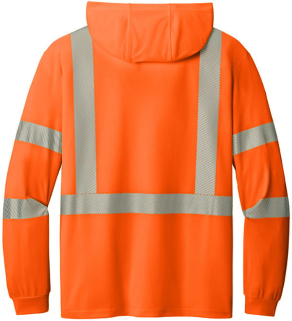 An image of a Custom Cornerstone SANSI 107 Class 3 Long Sleeve Segmented Tape Hooded Tee in Safety Orange!