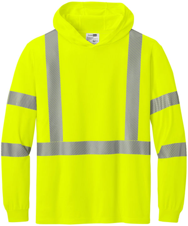 An image of a Custom Cornerstone SANSI 107 Class 3 Long Sleeve Segmented Tape Hooded Tee in Safety Yellow!