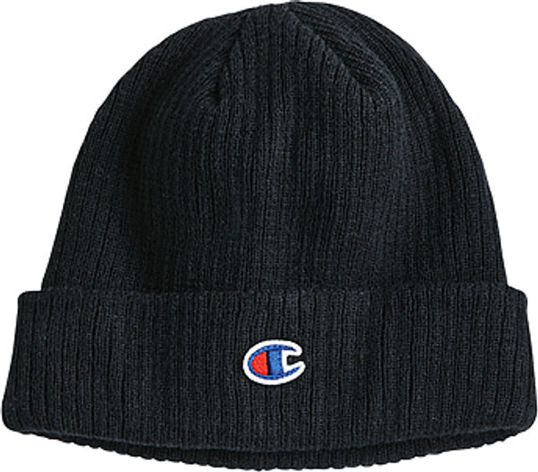Am image of a Custom Champion Ribbed Knit Cuffed Beanie in Black!
