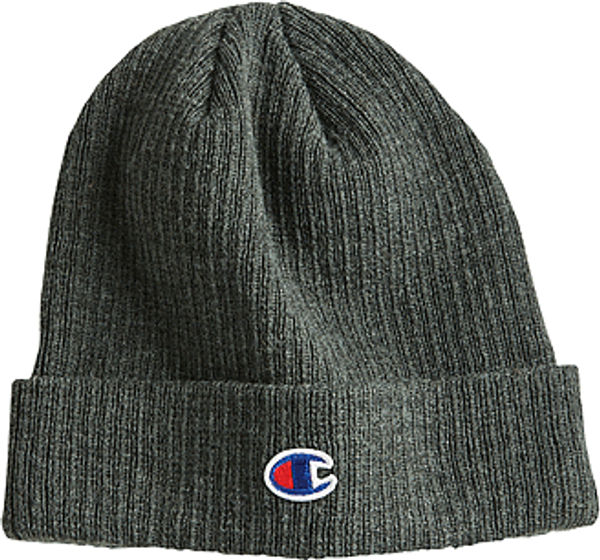 Am image of a Custom Champion Ribbed Knit Cuffed Beanie in Heather Forest!
