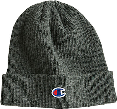 Am image of a Custom Champion Ribbed Knit Cuffed Beanie in Heather Forest!