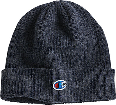 Am image of a Custom Champion Ribbed Knit Cuffed Beanie in Heather Navy!
