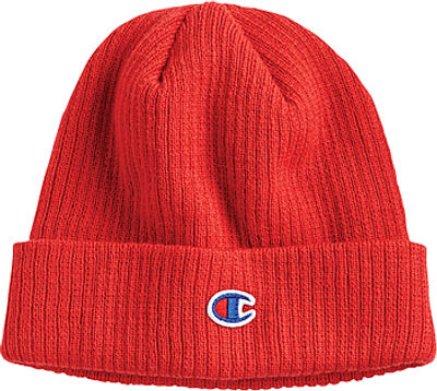 Am image of a Custom Champion Ribbed Knit Cuffed Beanie in Red Scarlet!