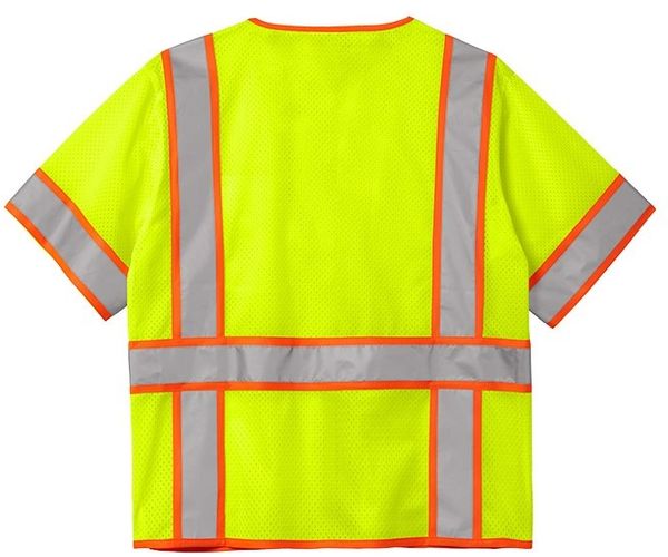Am image of a Custom CornerStone ANSI 107 Class 3 Surveyor Mesh Zippered Two Tone Short Sleeve Vest in Safety Yellow!