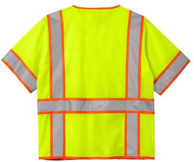 Am image of a Custom CornerStone ANSI 107 Class 3 Surveyor Mesh Zippered Two Tone Short Sleeve Vest in Safety Yellow!