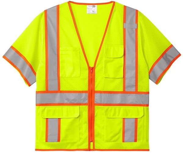 Am image of a Custom CornerStone ANSI 107 Class 3 Surveyor Mesh Zippered Two Tone Short Sleeve Vest in Safety Yellow!