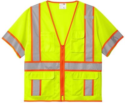 Am image of a Custom CornerStone ANSI 107 Class 3 Surveyor Mesh Zippered Two Tone Short Sleeve Vest in Safety Yellow!
