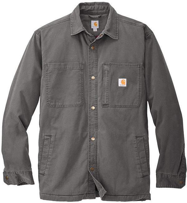 Am image of a Custom Carhartt Rugged Flex Fleece Lined Shirt Jacket in Shadow Grey!