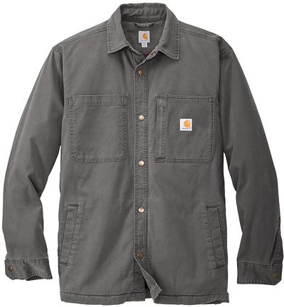 Am image of a Custom Carhartt Rugged Flex Fleece Lined Shirt Jacket in Shadow Grey!