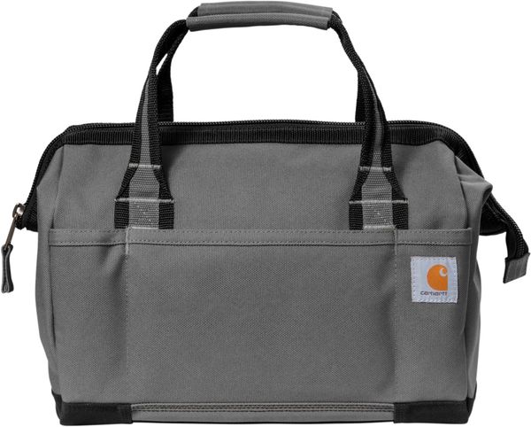 Am image of a Custom Carhartt Foundry Series 14 Inch Tool Bag in Grey!