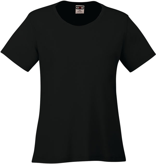 An image of a Custom CX2 Coast Ladies Performance Crewneck T Shirt in Black!