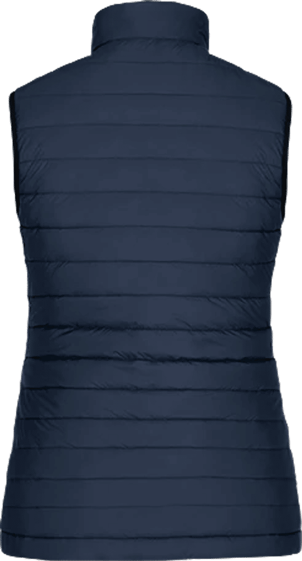 Am image of a Custom CX2 Faro Ladies Lightweight Puffy Vest in Navy!