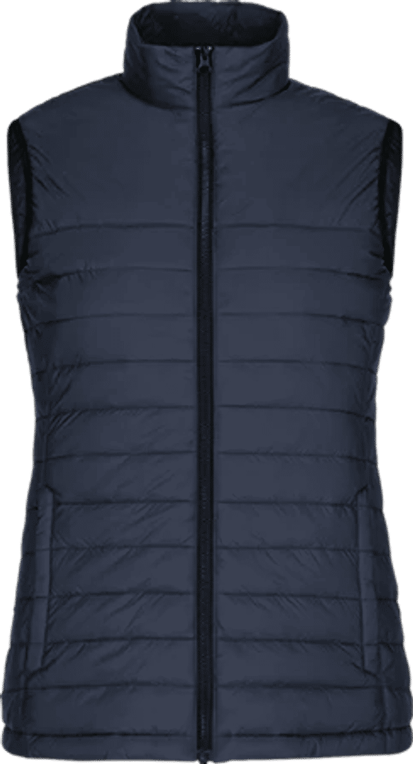 Am image of a Custom CX2 Faro Ladies Lightweight Puffy Vest in Navy!