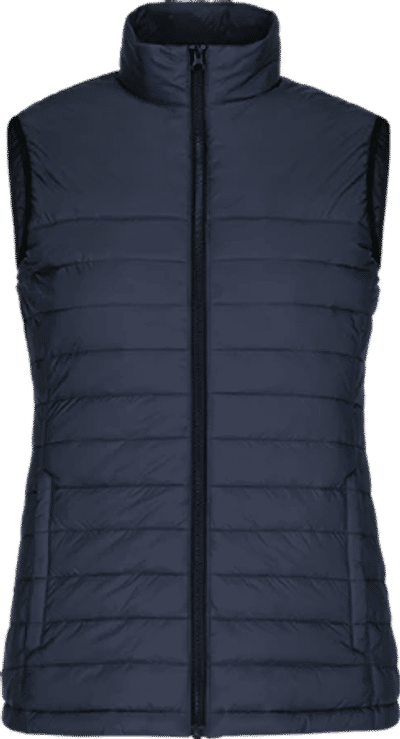 Am image of a Custom CX2 Faro Ladies Lightweight Puffy Vest in Navy!