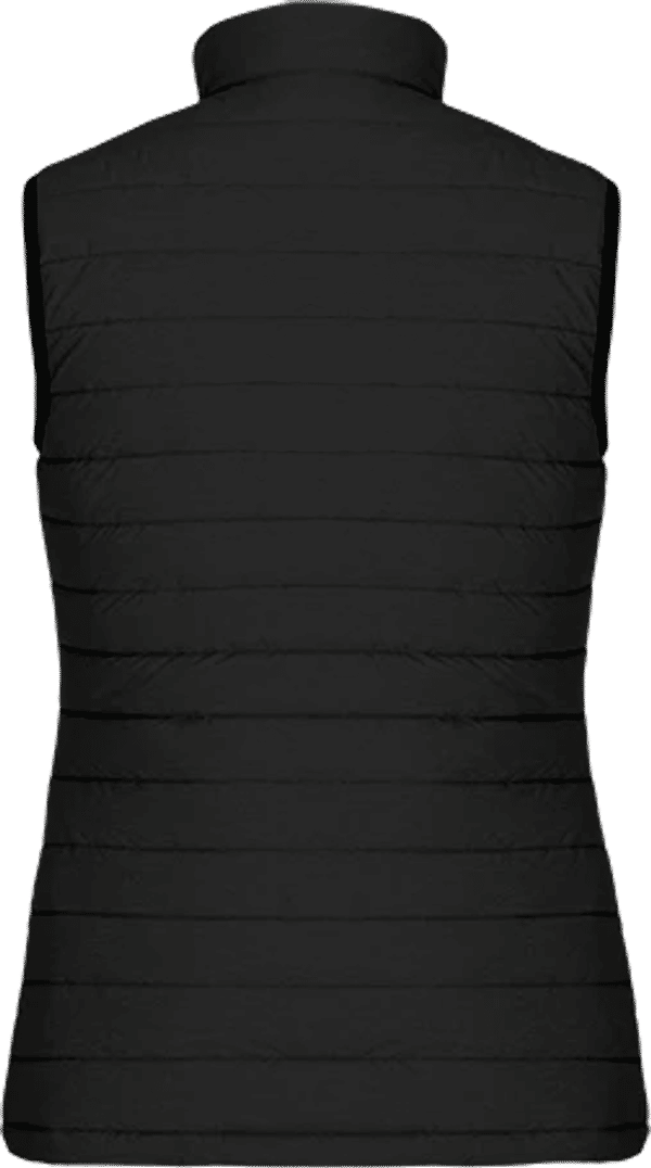 Am image of a Custom CX2 Inuvik Ladies Lightweight Puffy Vest in Black Charcoal Heather!