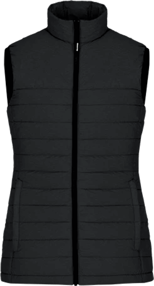 Am image of a Custom CX2 Inuvik Ladies Lightweight Puffy Vest in Black Charcoal Heather!