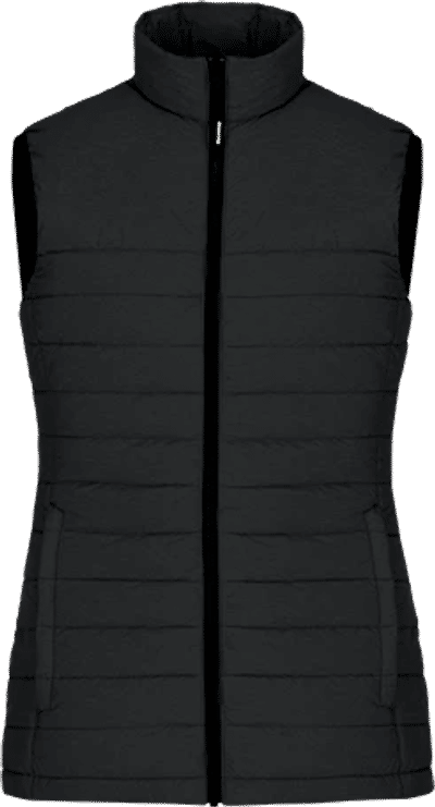 Am image of a Custom CX2 Inuvik Ladies Lightweight Puffy Vest in Black Charcoal Heather!
