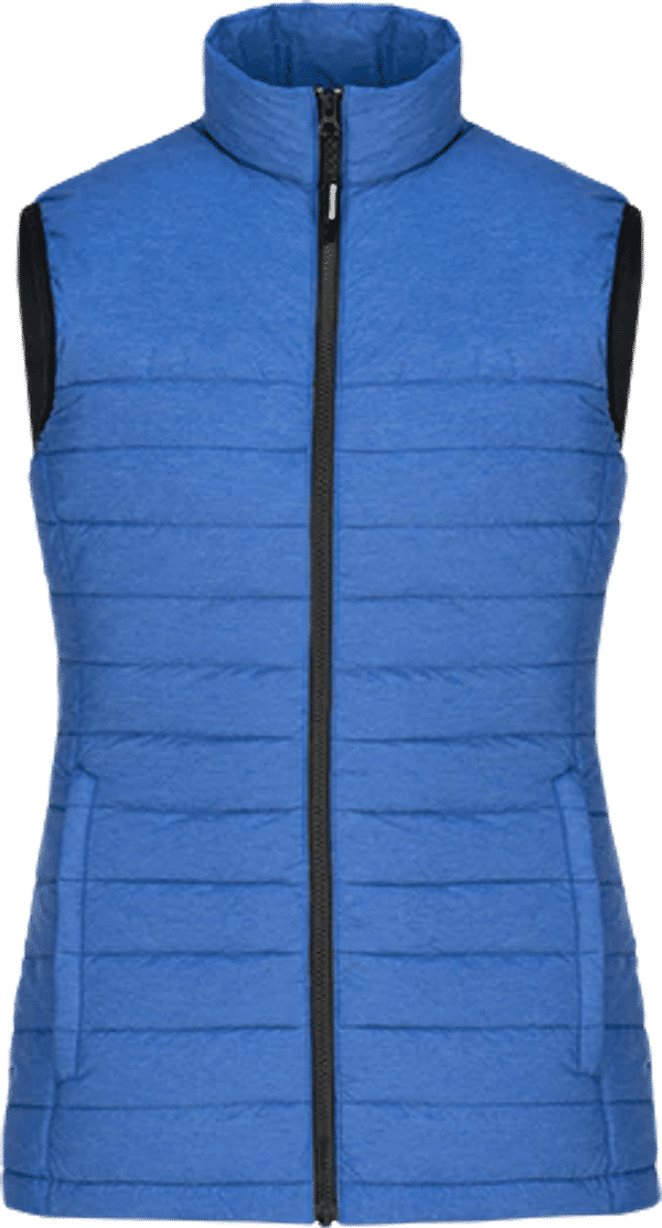 Am image of a Custom CX2 Inuvik Ladies Lightweight Puffy Vest in Blue Heather!