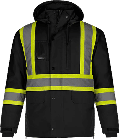 Am image of a Custom CX2 Kenworth 5 in 1 Hi Vis Coat in Black!