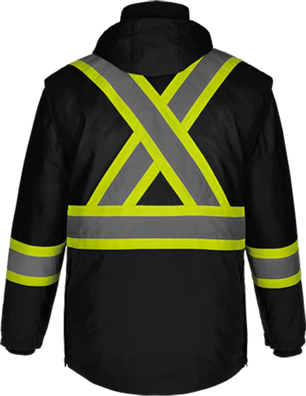 Am image of a Custom CX2 Kenworth 5 in 1 Hi Vis Coat in Black!