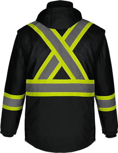 Am image of a Custom CX2 Kenworth 5 in 1 Hi Vis Coat in Black!