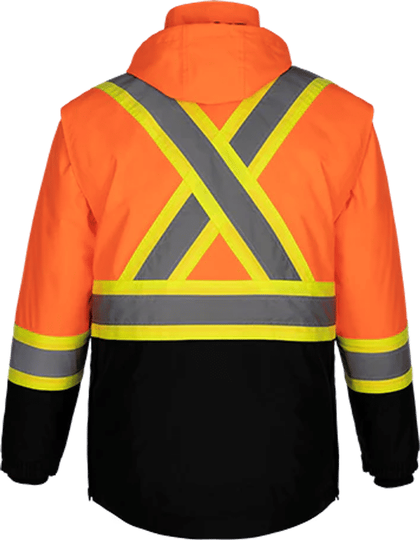 Am image of a Custom CX2 Kenworth 5 in 1 Hi Vis Coat in Hi Vis Orange!