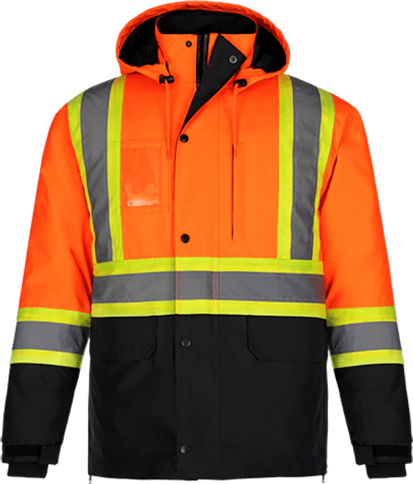 Am image of a Custom CX2 Kenworth 5 in 1 Hi Vis Coat in Hi Vis Orange!