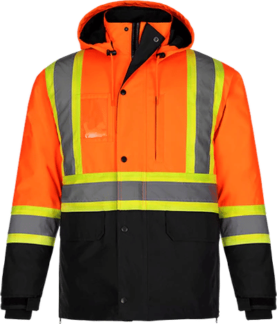 Am image of a Custom CX2 Kenworth 5 in 1 Hi Vis Coat in Hi Vis Orange!