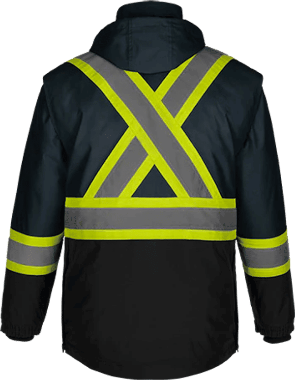 Am image of a Custom CX2 Kenworth 5 in 1 Hi Vis Coat in Navy!