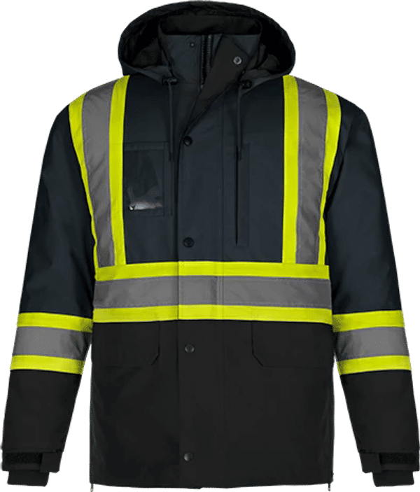 Am image of a Custom CX2 Kenworth 5 in 1 Hi Vis Coat in Navy!