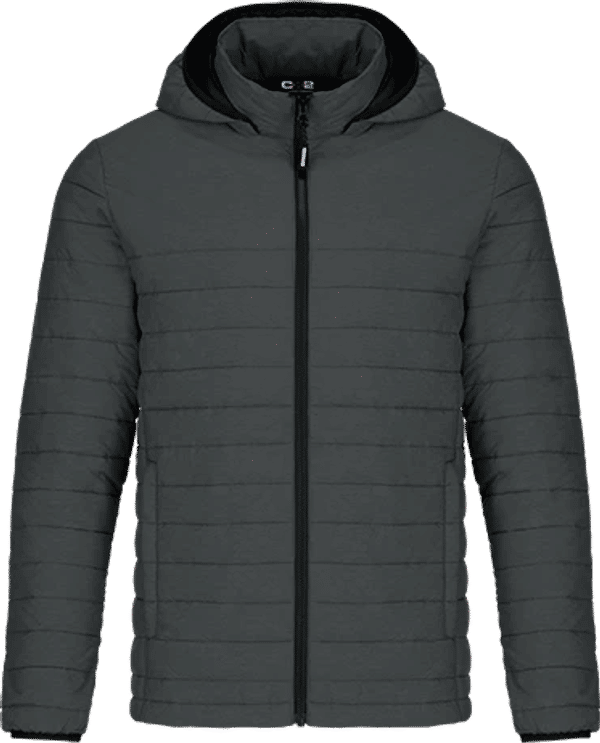 Am image of a Custom CX2 Yukon Mens Lightweight Puffy Jacket in Black Charcoal Heather!