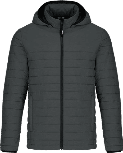 Am image of a Custom CX2 Yukon Mens Lightweight Puffy Jacket in Black Charcoal Heather!