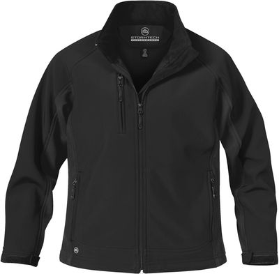 Am image of a Custom Stormtech Womens Crew Bonded Shell in BLACK / BLACK!