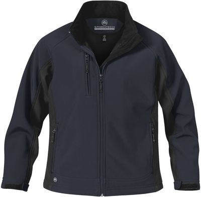 Am image of a Custom Stormtech Womens Crew Bonded Shell in NAVY / BLACK!